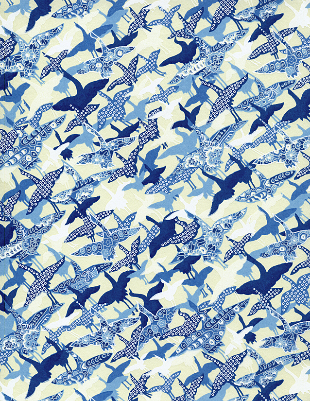 RKBMo31 Aizome Blue Flying Cranes Japanese Washi Paper - Hanko Designs - www.HankoDesigns.com 2014
